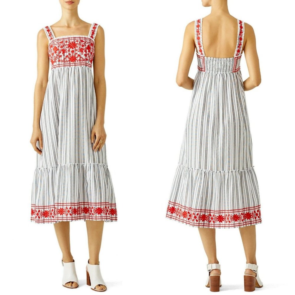 NEW KATE SPADE Embroidered Stripe Red Grey Midi